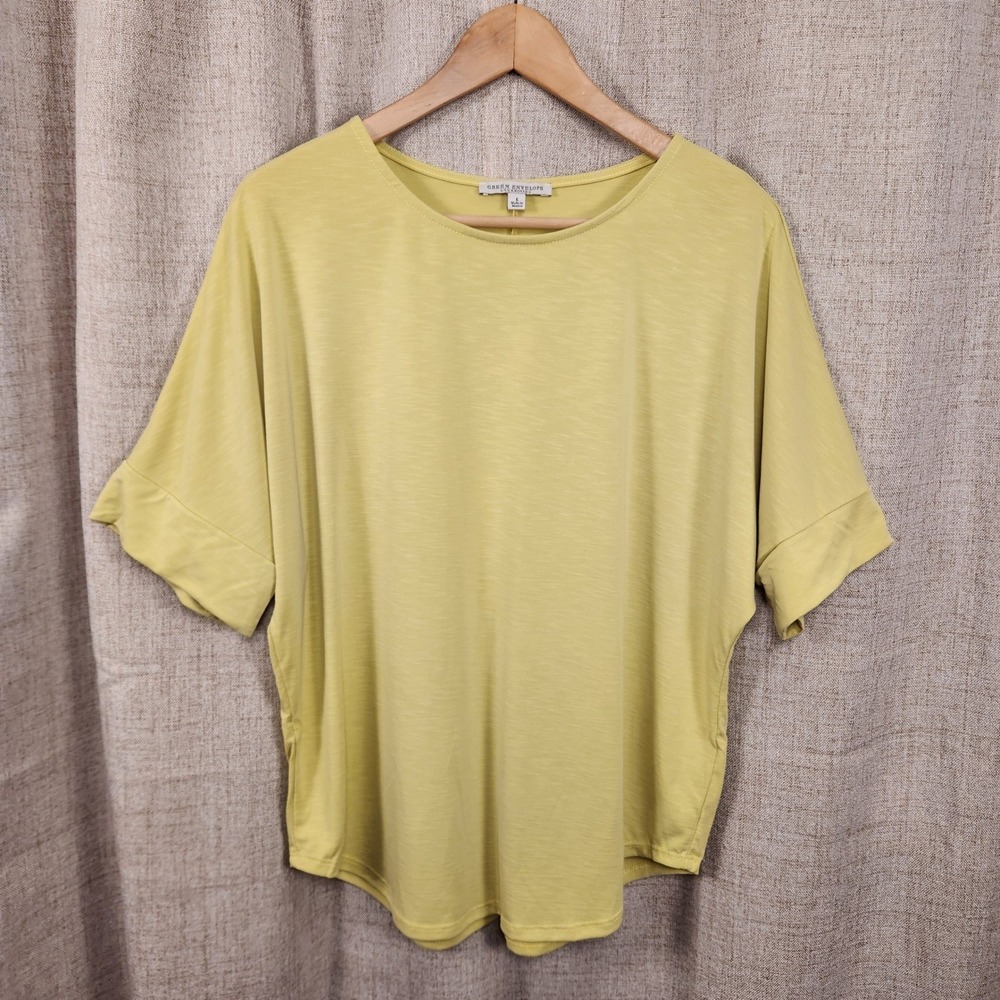 Green Envelope Pullover Blouse Women's L Green Dolman/Raglan Sleeve Round‎ Hem